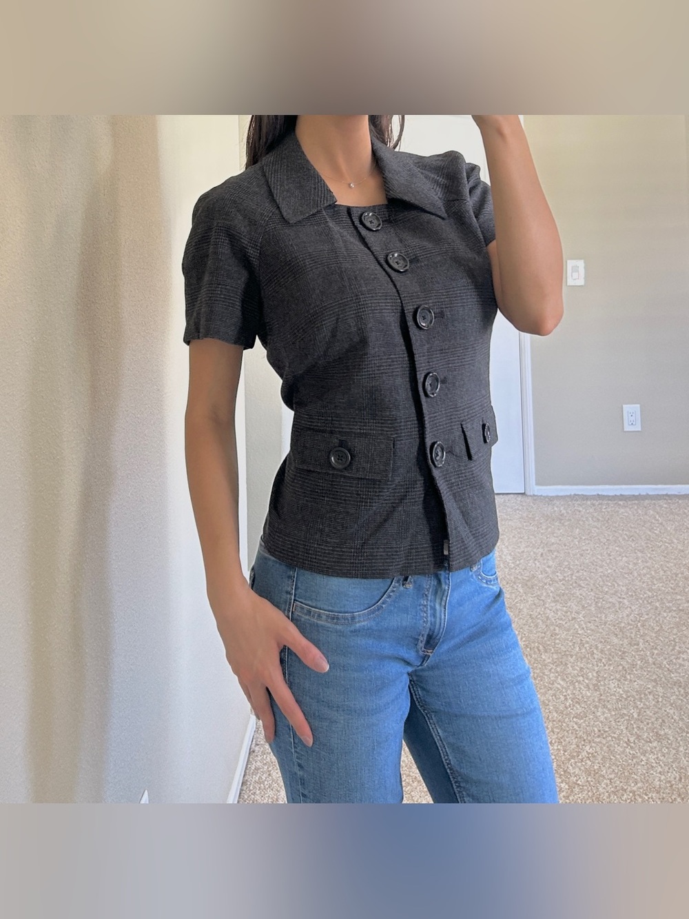 Y2K Office Wear Michael Kors Women's Short-Sleeve Charcoal Grey Button Blazer